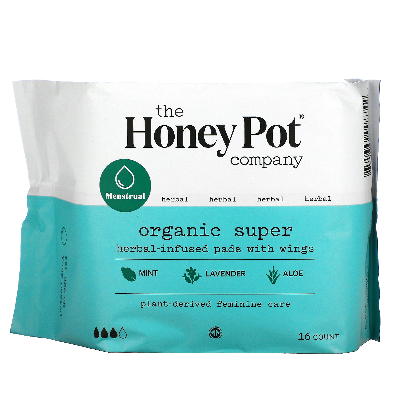 The Honey Pot Company, Organic Super HerbalInfused Pads with Wings, 16