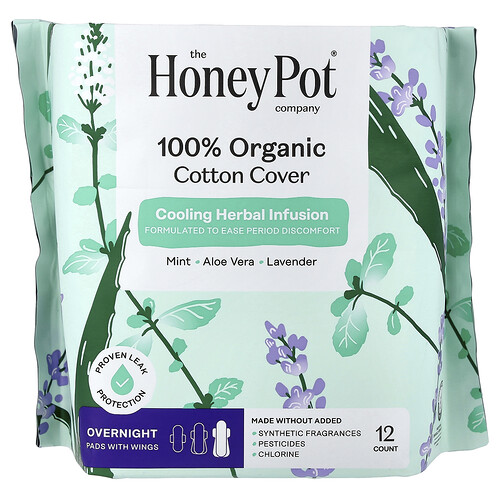The Honey Pot Company, Infusiones refrescantes de hierbas orgánicas, Toallas femeninas con alas, Para la noche, 12 unidades