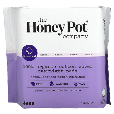 The Honey Pot Company органические прокладки с крылышками, на травяной основе, ночные, 12шт.