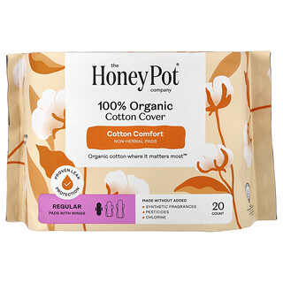 The Honey Pot Company, Rivestimento in 100% cotone biologico, dischetti non a base di erbe con ali, standard, 20 pezzi