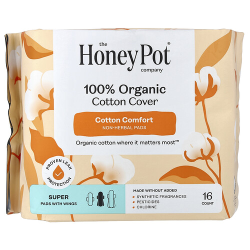 The Honey Pot Company 100% Organic Cotton Cover, Non-Herbal Pads with Wings, Super, 16 Count