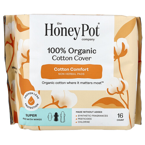 The Honey Pot Company, 100% Organic Cotton Cover, Non-Herbal Pads mit Flügeln, 100% Bio-Baumwolle, Super, 16 Stück