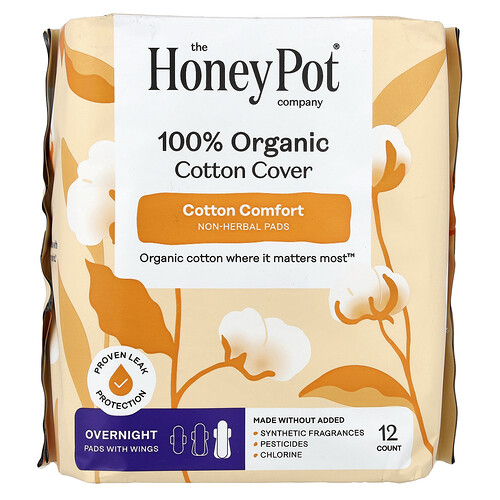 The Honey Pot Company, Κάλυμμα από 100% οργανικό βαμβάκι, μη φυτικά επιθέματα με φτερά,