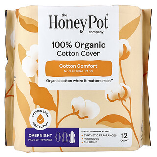 The Honey Pot Company, Rivestimento in 100% cotone biologico, dischetti non a base di erbe con ali, per la notte, 12 pezzi