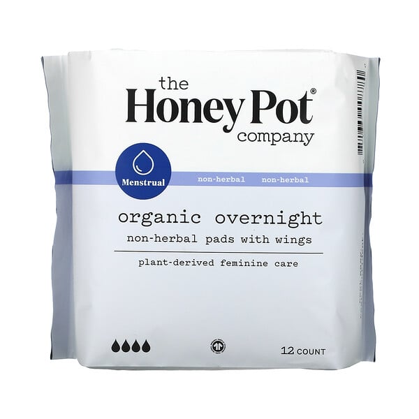 The Honey Pot Company, Non-Herbal Pads With Wings, Organic Overnight, 12 Count