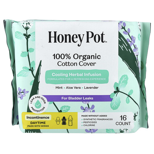 The Honey Pot Company, Daytime Pads with Wings, Cooling Herbal Infusion, Incontinence, 16 Count