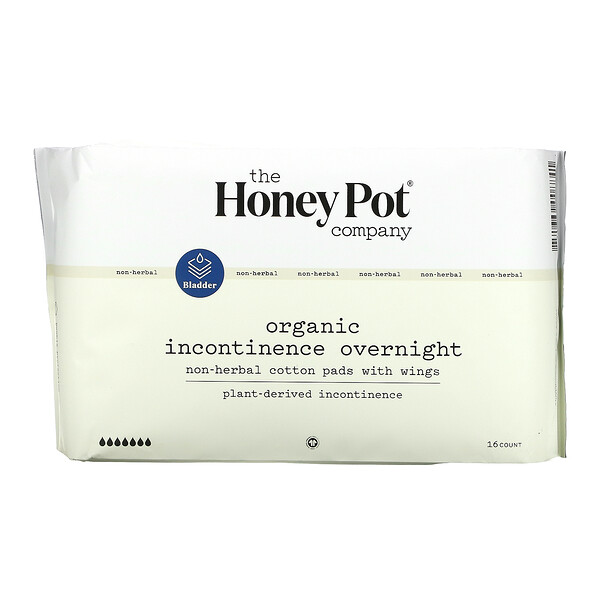 The Honey Pot Company‏, Organic Incontinence Overnight, Non-Herbal Cotton Pads With Wings, 16 Count