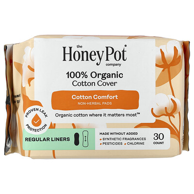 The Honey Pot Company, Coberturas de algodón 100 % orgánico, Almohadillas sin hierbas, Regulares, 30 unidades