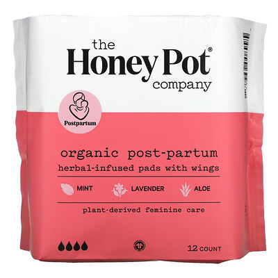 The Honey Pot Company Organic Herbal-Infused Pads with Wings, Post-Partum , 12 Count