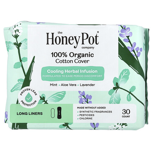 The Honey Pot Company, Hoesje van 100% biologisch katoen, verkoelende kruideninfusie, lange inlegkruisjes, 30 stuks