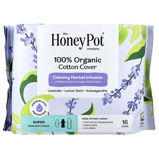 The Honey Pot Company, Organic Calming Herbal Infusion, Pads with Wings, Super, 16 Count