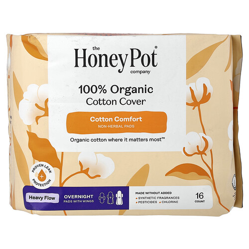 The Honey Pot Company, 100% Organic Cotton Cover, Overnight Pads with Wings, Heavy, 16 Count