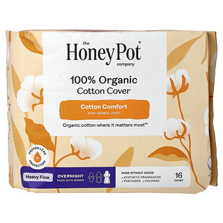 The Honey Pot Company, Cobertura de Algodão 100% Orgânico, Absorventes Noturnos com Abas, Pesado, 16 Unidades