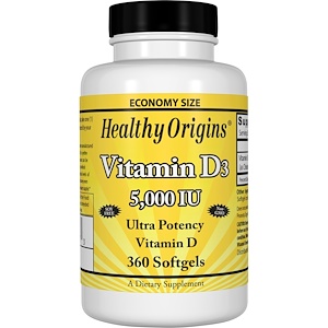 Healthy Origins, Витамин D3, 5 000 МЕ, 360 желатиновых капсул