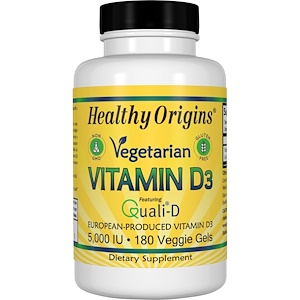 Healthy Origins, Вегетарианский витамин D3, 5000 МЕ, 180 гелей