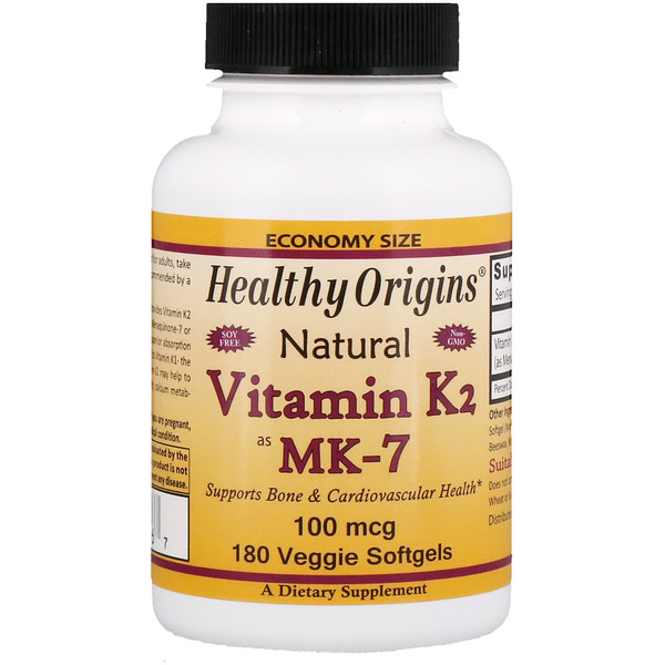 Healthy Origins, ビタミンK2（MK7）、自然、100 mcg、180 ベジタリアンソフトジェル