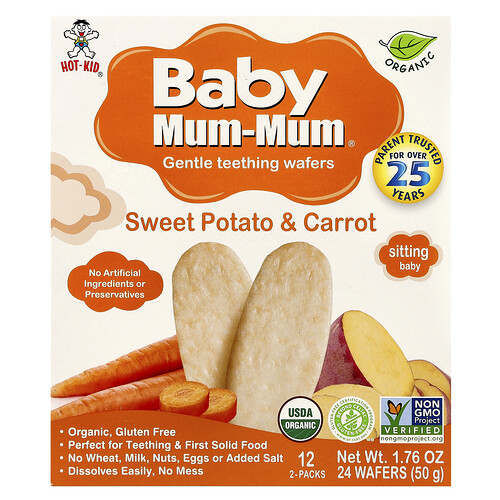 Hot Kid, Baby Mum-Mum, Waffeln zur sanften Zahnungshilfe, Süßkartoffel- & Karotten, 12 Päckchen mit je 2 Waffeln