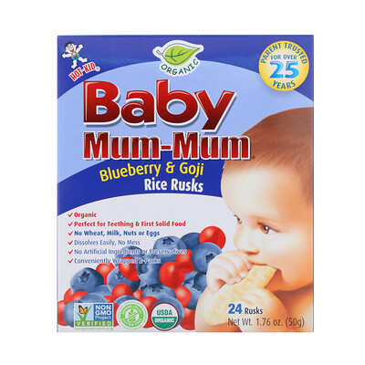 Hot Kid Baby Mum-Mum, органические рисовые сухарики, сухарики с голубикой и годжи, 24 сухарики, по 50 г (17,6 унций) каждый