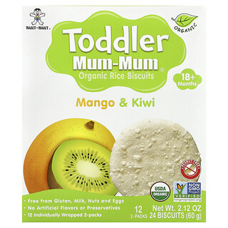 Hot Kid, Toddler Mum-Mum®, biscuiți organici din orez, pentru peste 18 luni, mango și kiwi, 12 pachete, 2 biscuiți