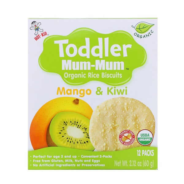 Hot Kid, Toddler Mum-Mum, органическое рисовое печенье, манго и киви, 12 упаковок, 60 г (2,12 унции)