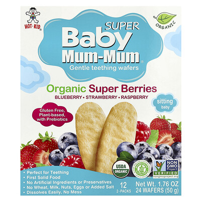 Hot Kid, Baby Mum-Mum® Super, Obleas suaves para la dentición, Superbayas orgánicas, 12 paquetes, 2 obleas cada uno