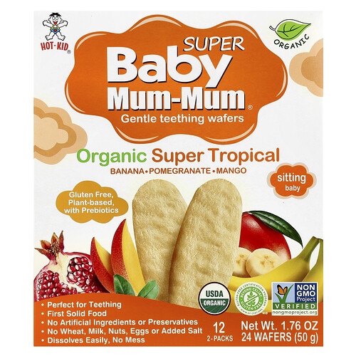 Hot Kid, Baby Mum-Mum® Super, Gentle Teething Wafers, für Kleinkinder, Organic Super Tropical, 12 Packungen, je 2 Waffeln