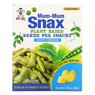 Hot Kid Mum-Mum Snax, Baked Pea Snacks, For Ages 24 Months+, White Cheddar, 5 Pouches, 1.76 oz (50 g)