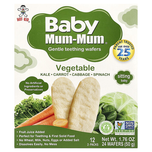 Hot Kid, Baby Mum-Mum®, Zachte Tandjeswafels, Plantaardig, 12 verpakkingen, 2 wafels per verpakking