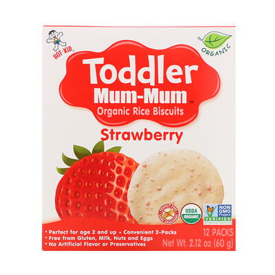Hot Kid Toddler Mum-Mum, органическое рисовое печенье, клубника, 12 упаковок, 60 г (2,12 унции)