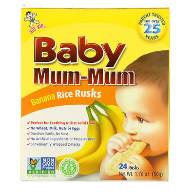 

Hot Kid Baby Mum-Mum, рисовые галеты с бананом, 24 шт., 50 г (1,76 унции)