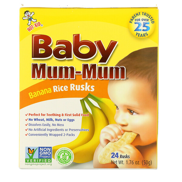 Hot Kid‏, Baby Mum-Mum، بقسماط الأرز والموز، 24 قطعة بقسماط، 1.76 أونصة (50 جم)