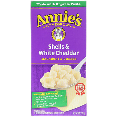 Annie's Homegrown Ракушки и белый чеддер, Макароны с сыром, 6 унций (170 г)