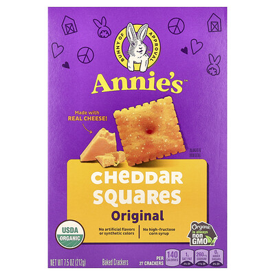 Annie's Homegrown, Cuadrados de queso cheddar orgánico, Original, 213 g (7,5 oz)