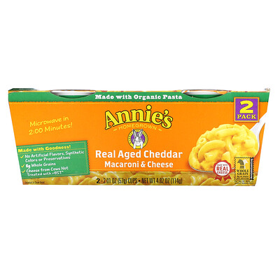 Купить Annie's Homegrown Macaroni & Cheese, 2 пакетика, настоящий выдержанный чеддер, 57 г (2–2, 01 унции) в каждой чашке