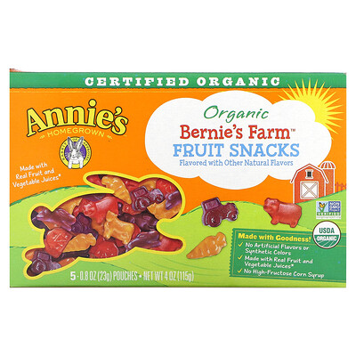 Купить Annie's Homegrown Органические фруктовые снеки с фермы Bernie's, 5 пакетиков по 23 г (0, 8 унции)