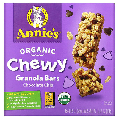 Annie's Homegrown Органические жевательные батончики из гранолы, шоколадная крошка, 6 батончиков, 25 г (0,89 унции)