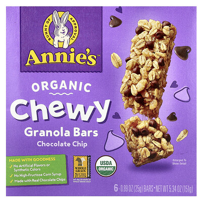 Annie's Homegrown, Barras de granola masticables orgánicas, Chispas de chocolate`` 6 barras, 25 g (0,89 oz) cada una