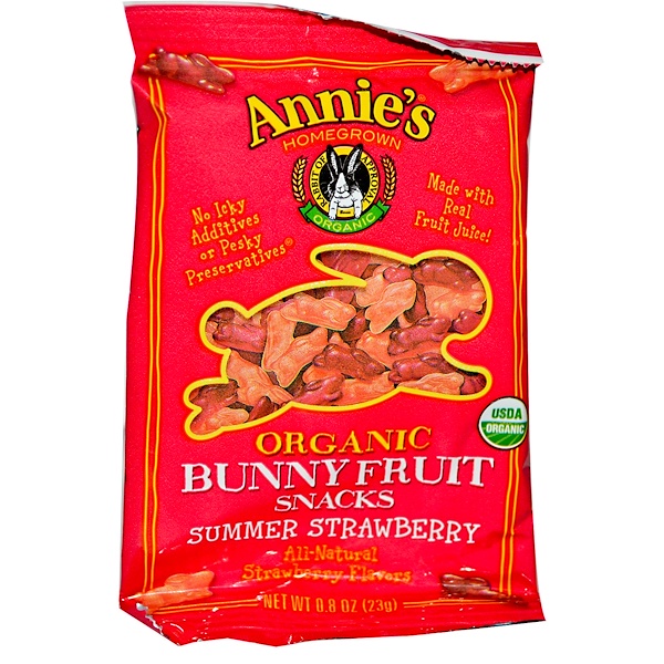 Annie's Homegrown, Органические фруктовые закуски со вкусом клубники в виде зайчиков 0.8 унции (23 г) (Discontinued Item) 