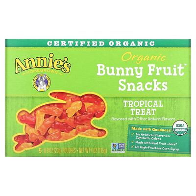 Annie's Homegrown Organic Bunny Fruit Snacks, тропическое лакомство, 5 пакетиков по 23 г (0,8 унции) каждый