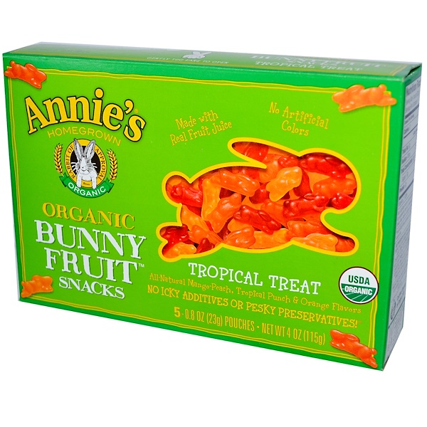 Annie's Homegrown, Органические фруктовые закуски в форме кроликов, вкус тропических фруктов, 5 упаковок, 0.8 унций (23 г) шт.