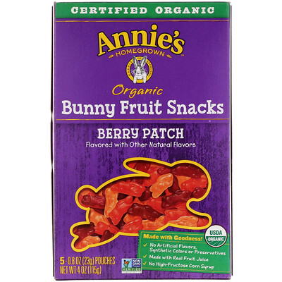 Annie's Homegrown Органические фруктовые закуски, Берри патч, 5 пакетиков, 0,8 унции (23 г) каждый