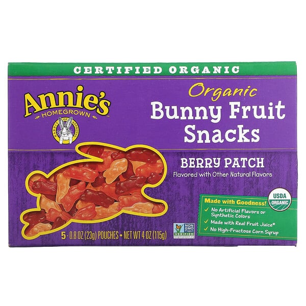 Annie's Homegrown‏, وجبات فاكهة الأرنب العضوية الخفيفة، باتش التوت، 5 أكياس، 0.8 أونصة (23 جم) للواحد