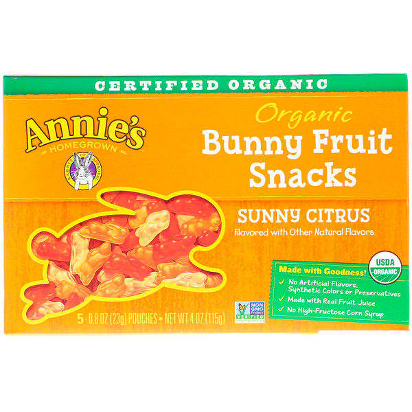 Annie's Homegrown, Organic Bunny Fruit Snacks, Sunny Citrus, 5 Pouches