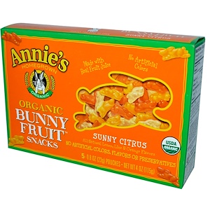 Annie's Homegrown, Органические фруктовые закуски Bunny, солнечный цитрус, 5 пакетиков, 0.8 унции (23 г) каждый