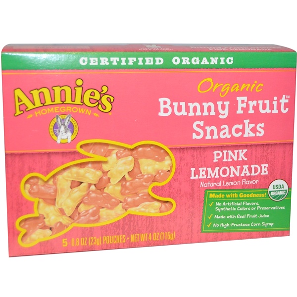 Annie's Homegrown, Organic Bunny Fruit Snack, Pink Lemonade, 5 Pouches