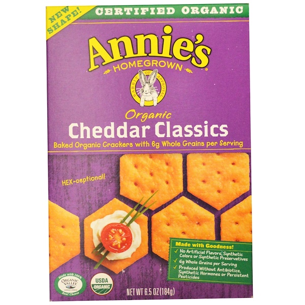 Annie's Homegrown, Органические запеченные крекеры, классический чеддер, 6,5 унций (184 г)