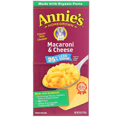 Annie's Homegrown Macaroni & Cheese, классический мягкий чеддер, без натрия, 170 г (6 унций)