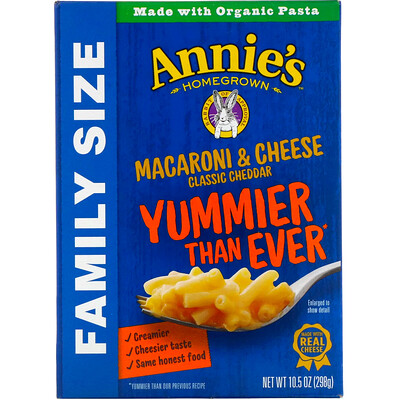 Купить Annie's Homegrown Macaroni & Cheese, семейный, классический чеддер, 298 г (10, 5 унции)