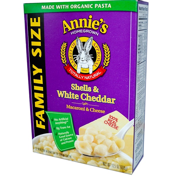 Annie's Homegrown, Раковины и белый чеддер, макароны и сыр, семейный размер, 10,5 унций (298 г)