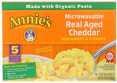 Купить Annie's Homegrown Макароны с сыром для микроволновой печи, настоящий чеддер, 5 пакетиков, 2, 15 унции (61 г) каждый